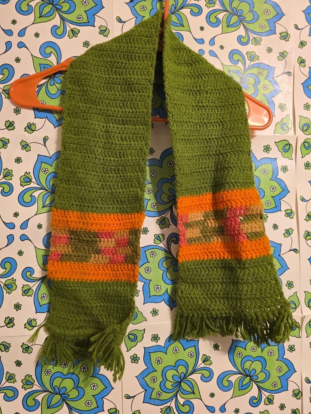 Vintage | Handmade Green Crocheted Scarf with Orange and Pink Accents